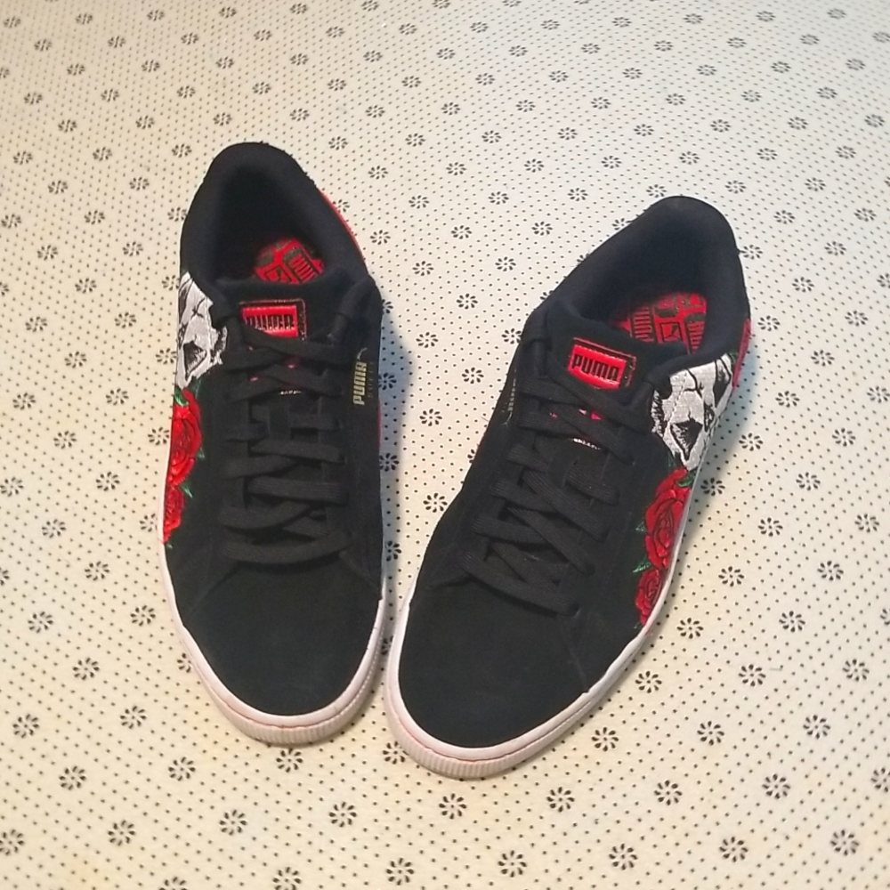 Puma Black Sneakers with Red Rose Embroidery